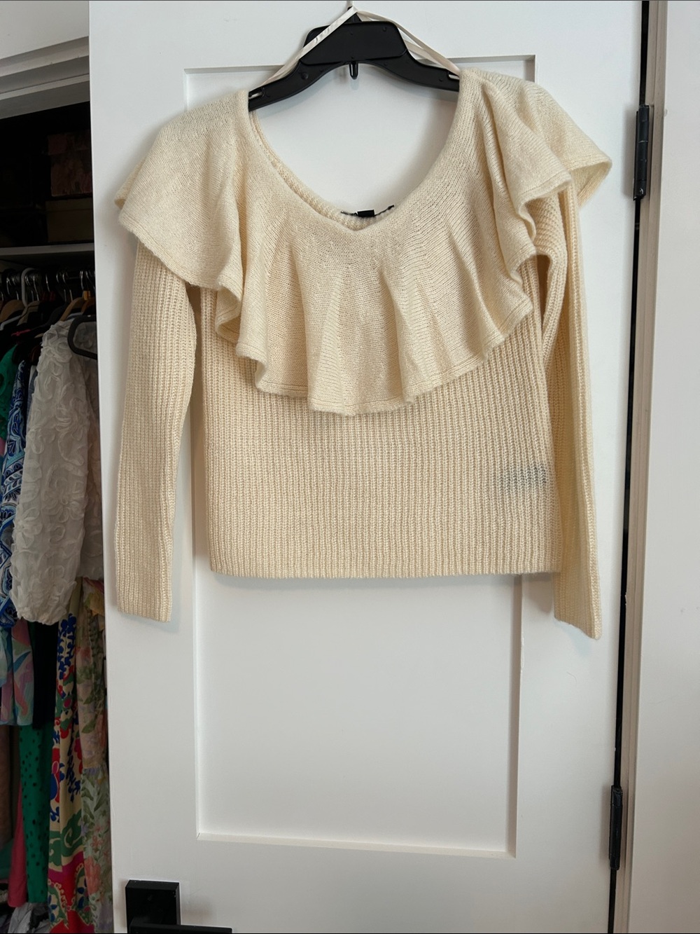 Boston Proper Cream Ruffle V-Neck Sweater